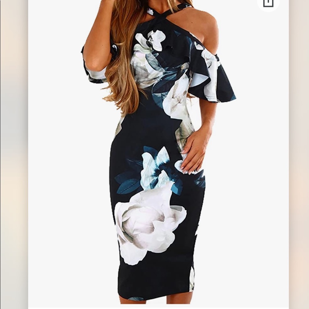 Off The Shoulder Ruffle Floral Print Bodycon Midi Dress, Navy Blue, size XXL
